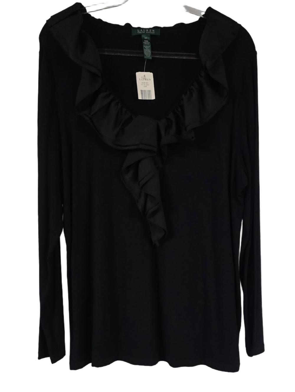 NWT Lauren Ralph Lauren Black Ruffle V-Neck Knit Long Sleeve Top Size 2X